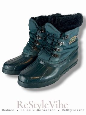 SOREL Size Y5/W7 Duck Boot Kaufman Green Faux Fur Felt Lined Winter VINTAGE